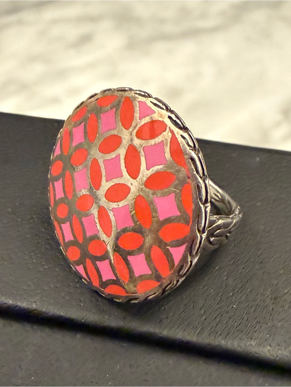 John Hardy Pink and Red Enamel Oval Statement Ring